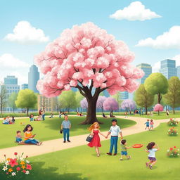 A whimsical and vibrant illustration of a bustling city park during springtime