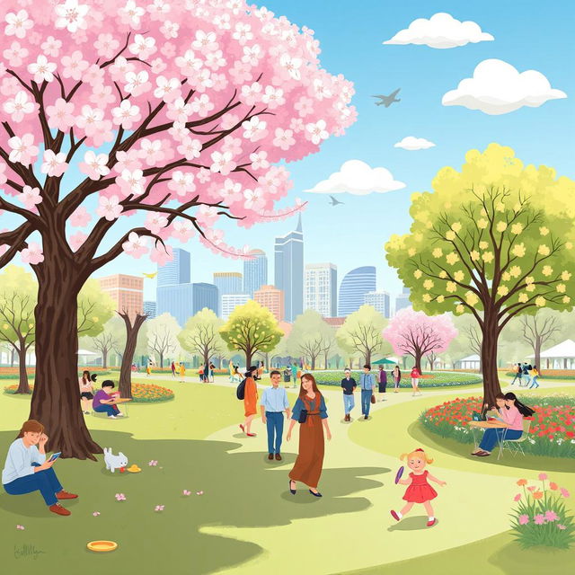 A whimsical and vibrant illustration of a bustling city park during springtime