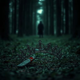 A dramatic scene featuring a shattered tiara lying in halves on the forest floor, with a small drop of blood visible on one piece