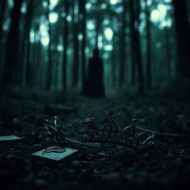 A dramatic scene featuring a shattered tiara lying in halves on the forest floor, with a small drop of blood visible on one piece