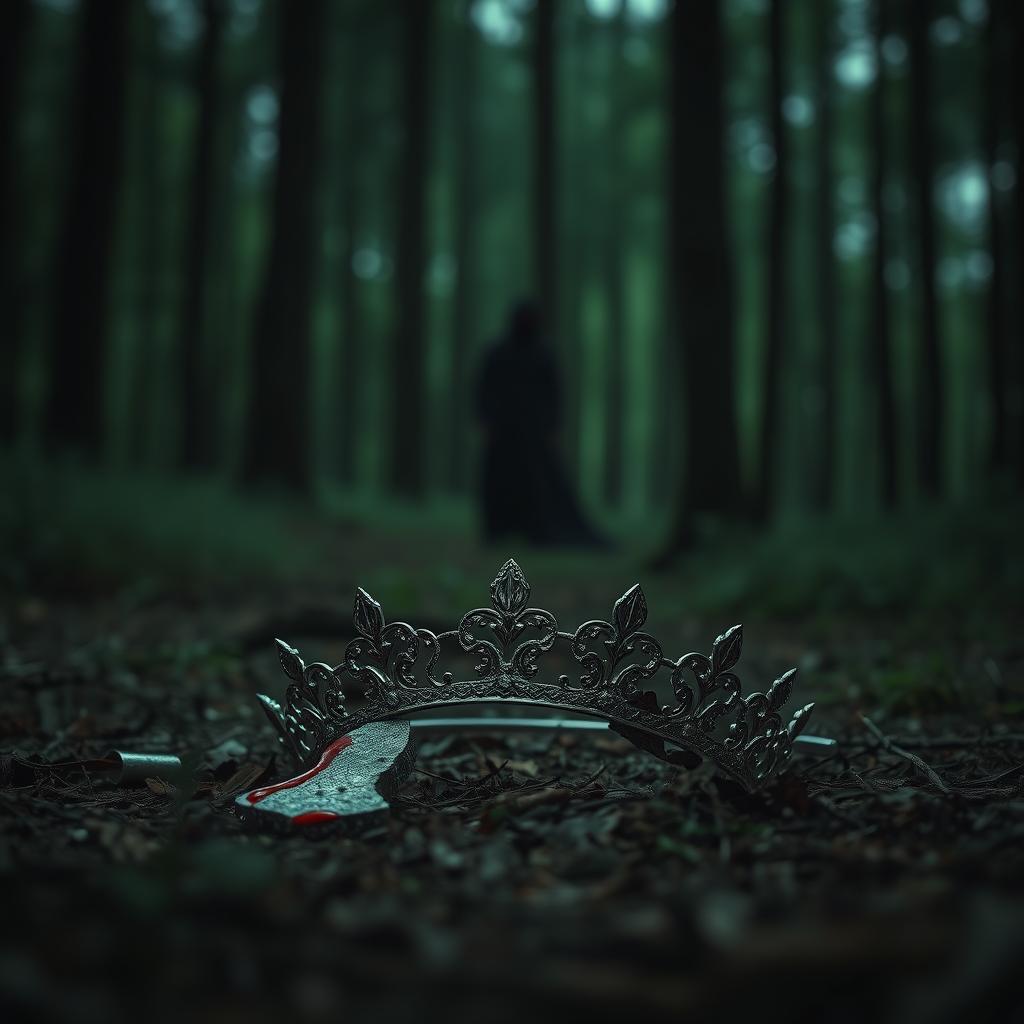 A dramatic scene featuring a shattered tiara lying in halves on the forest floor, with a small drop of blood visible on one piece