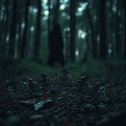 A dramatic scene featuring a shattered tiara lying in halves on the forest floor, with a small drop of blood visible on one piece