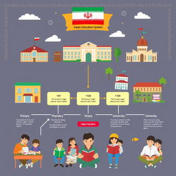 An infographic illustrating the Iranian educational system, showcasing various educational levels from preschool to higher education