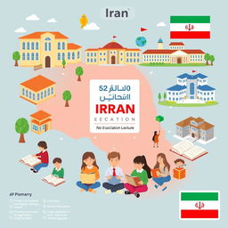 An infographic illustrating the Iranian educational system, showcasing various educational levels from preschool to higher education