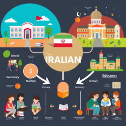 An infographic illustrating the Iranian educational system, showcasing various educational levels from preschool to higher education