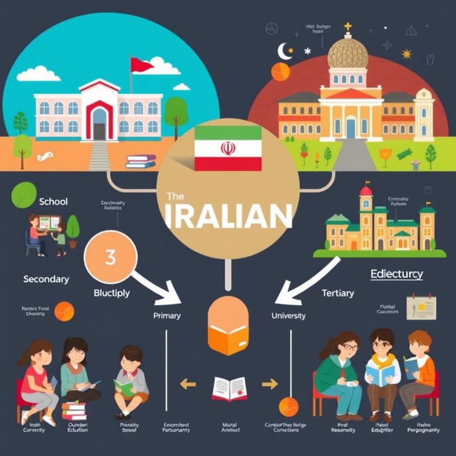An infographic illustrating the Iranian educational system, showcasing various educational levels from preschool to higher education