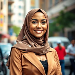 A stunning woman wearing a stylish hijab, exuding elegance and confidence, showcasing a beautiful outfit that reflects modern fashion trends, with a playful touch