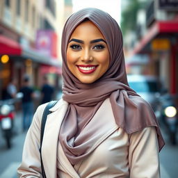 A stunning woman wearing a stylish hijab, exuding elegance and confidence, showcasing a beautiful outfit that reflects modern fashion trends, with a playful touch