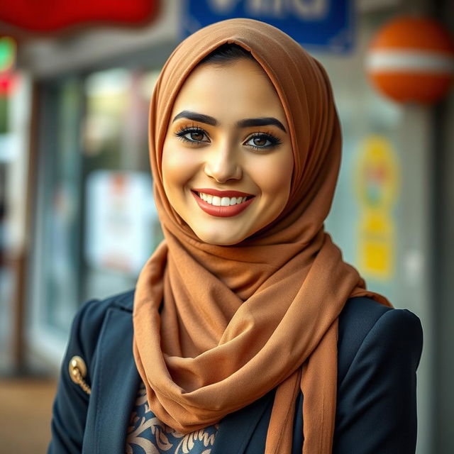 A stunning woman wearing a stylish hijab, exuding elegance and confidence, showcasing a beautiful outfit that reflects modern fashion trends, with a playful touch