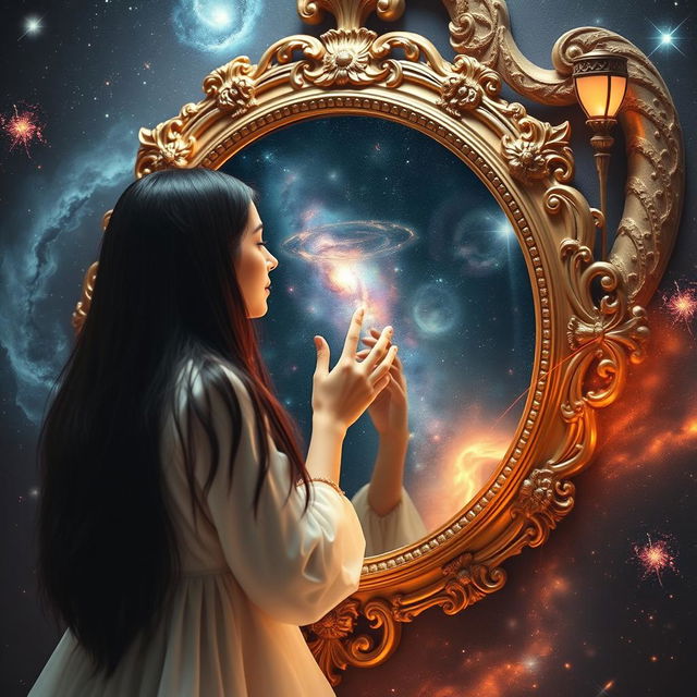 A woman with long black hair, wearing a flowing white dress, gazes intently into a beautifully ornate mirror