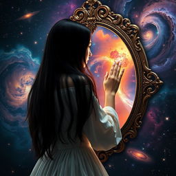 A woman with long black hair, wearing a flowing white dress, gazes intently into a beautifully ornate mirror
