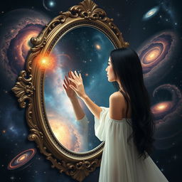 A woman with long black hair, wearing a flowing white dress, gazes intently into a beautifully ornate mirror