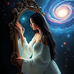 A woman with long black hair, wearing a flowing white dress, gazes intently into a beautifully ornate mirror