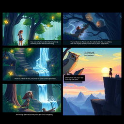 A dynamic storyboard depicting an adventurous journey of a young woman exploring an enchanted forest