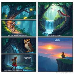 A dynamic storyboard depicting an adventurous journey of a young woman exploring an enchanted forest