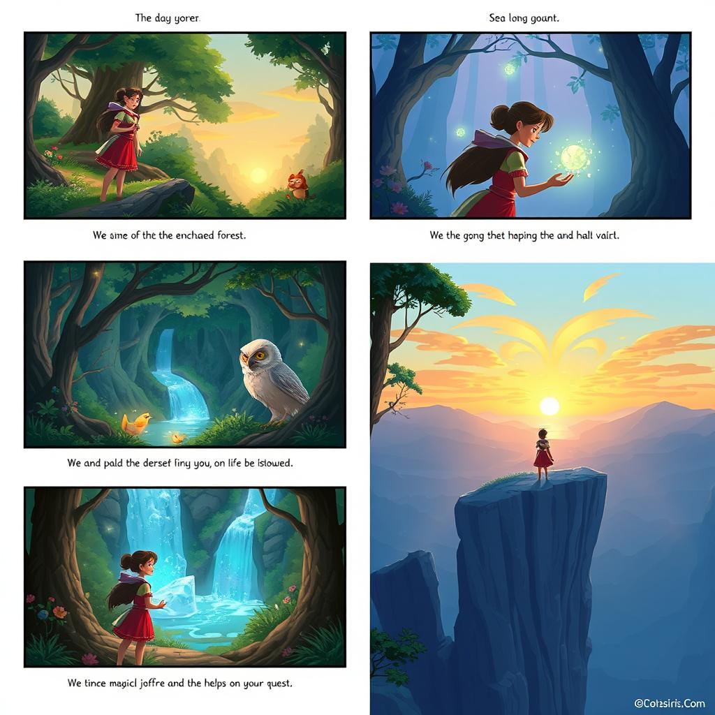 A dynamic storyboard depicting an adventurous journey of a young woman exploring an enchanted forest