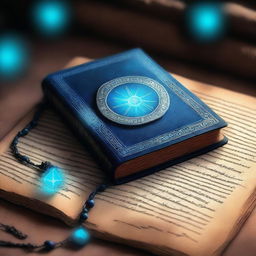 A superior quality digital art image featuring an ancient book filled with mysterious inscriptions centrally placed