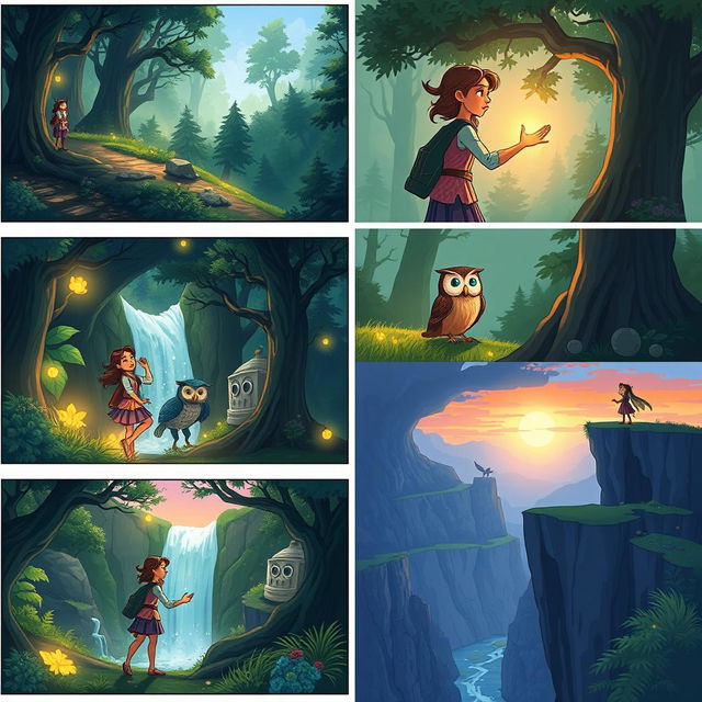 A dynamic storyboard depicting an adventurous journey of a young woman exploring an enchanted forest