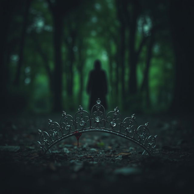 An evocative scene showcasing a tiara split in half, lying on the forest floor with a small drop of blood resting on one of the pieces