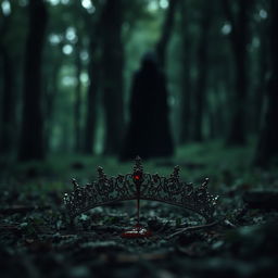 An evocative scene showcasing a tiara split in half, lying on the forest floor with a small drop of blood resting on one of the pieces