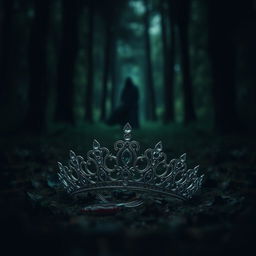 An evocative scene showcasing a tiara split in half, lying on the forest floor with a small drop of blood resting on one of the pieces