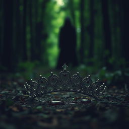 An evocative scene showcasing a tiara split in half, lying on the forest floor with a small drop of blood resting on one of the pieces