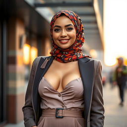 A confident and stylish hijabi woman with a vibrant pattern hijab, showcasing her big breasts under a classy and elegant outfit