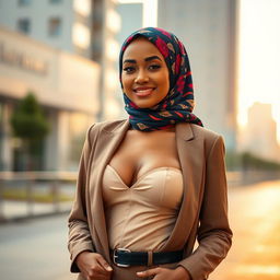 A confident and stylish hijabi woman with a vibrant pattern hijab, showcasing her big breasts under a classy and elegant outfit
