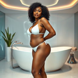 A full-body image of a beautiful mature African American woman aged 50, with curly black hair, showcasing a well-toned and curvy physique