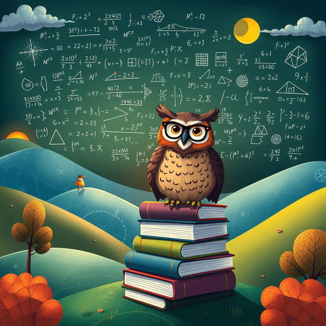 A beautifully illustrated mathematical landscape, featuring a giant chalkboard in the background filled with intricate equations and geometric shapes, amidst rolling hills made of graph paper