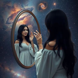 A reflective scene featuring a woman with long black hair, dressed in a flowing white dress, gazing into a mirror