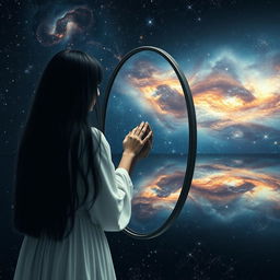 A reflective scene featuring a woman with long black hair, dressed in a flowing white dress, gazing into a mirror