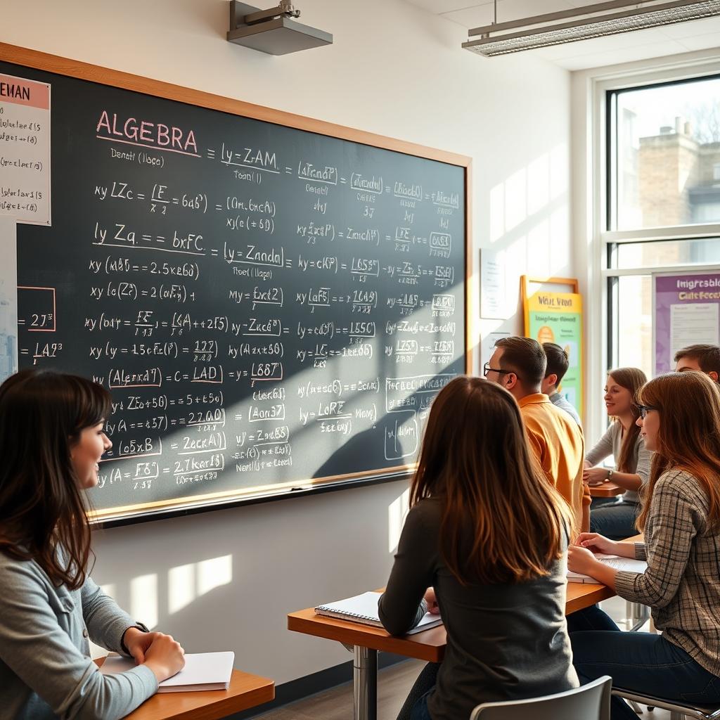 A visually engaging representation of algebra concepts, featuring a large chalkboard filled with colorful algebraic equations and formulas