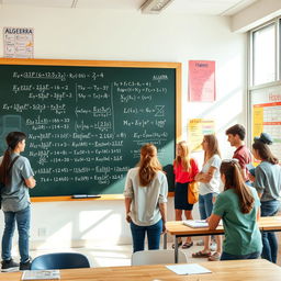A visually engaging representation of algebra concepts, featuring a large chalkboard filled with colorful algebraic equations and formulas