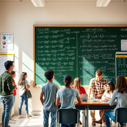 A visually engaging representation of algebra concepts, featuring a large chalkboard filled with colorful algebraic equations and formulas