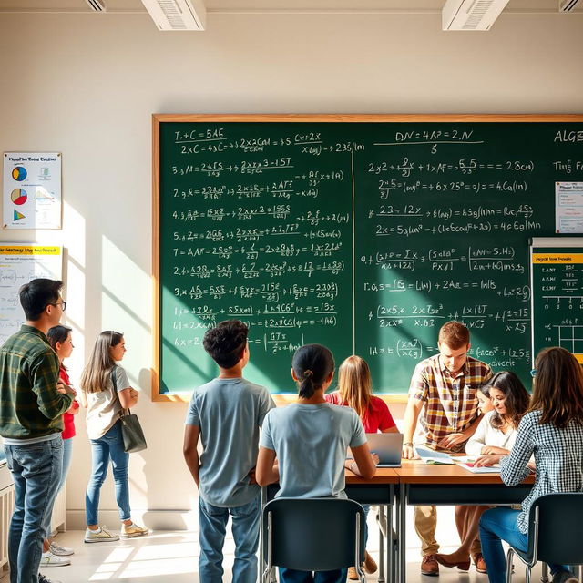 A visually engaging representation of algebra concepts, featuring a large chalkboard filled with colorful algebraic equations and formulas