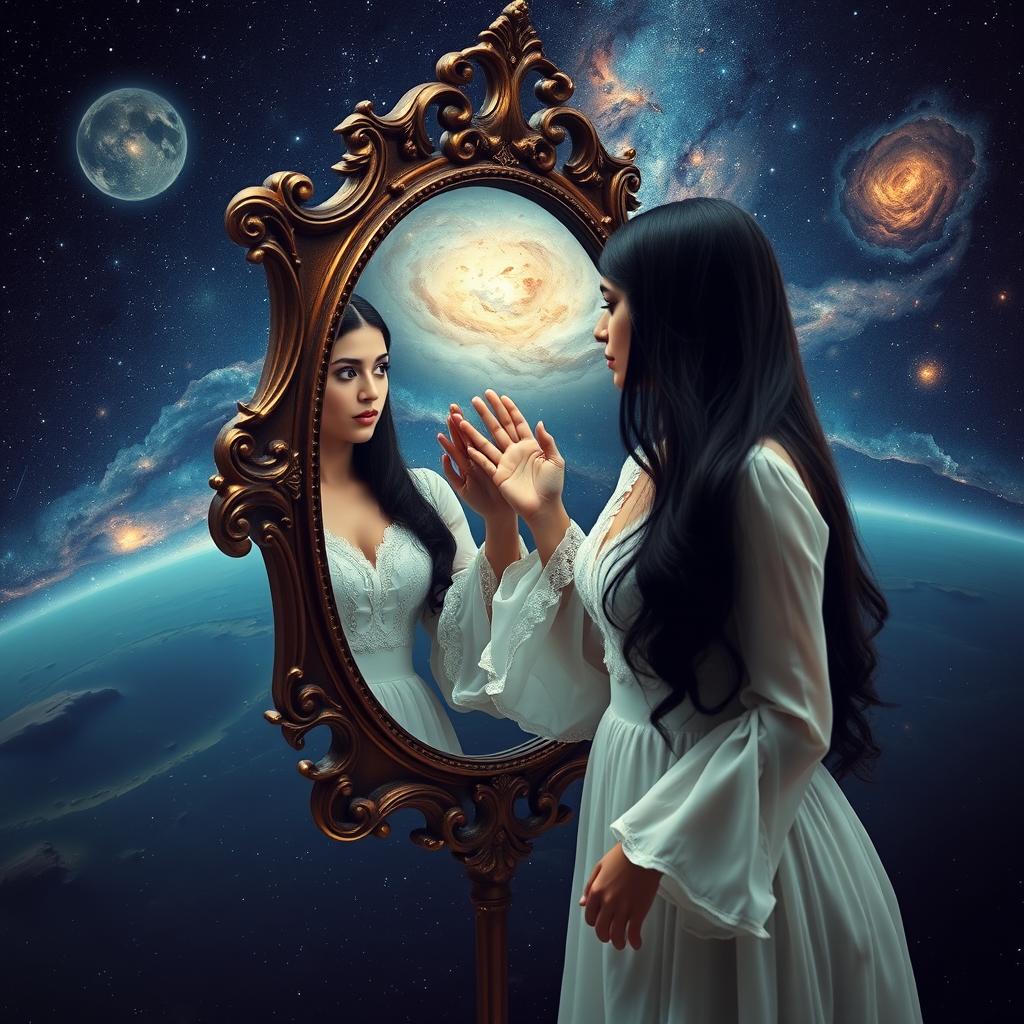 A woman with long, flowing black hair, dressed in an elegant white dress, gazing thoughtfully at her reflection in a vintage, ornate mirror