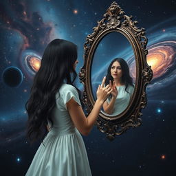 A woman with long, flowing black hair, dressed in an elegant white dress, gazing thoughtfully at her reflection in a vintage, ornate mirror