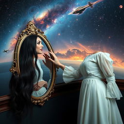 A woman with long, flowing black hair, dressed in an elegant white dress, gazing thoughtfully at her reflection in a vintage, ornate mirror