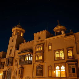 A stunning view of Old Sana'a illuminated at night, showcasing intricate traditional Yemeni architecture with beautifully designed wooden windows and ornately decorated facades