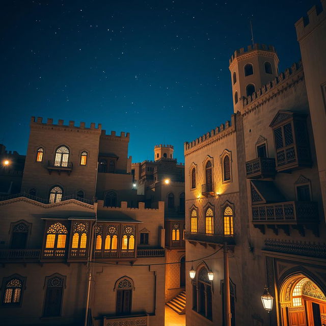 A stunning view of Old Sana'a illuminated at night, showcasing intricate traditional Yemeni architecture with beautifully designed wooden windows and ornately decorated facades