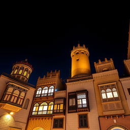 A stunning view of Old Sana'a illuminated at night, showcasing intricate traditional Yemeni architecture with beautifully designed wooden windows and ornately decorated facades