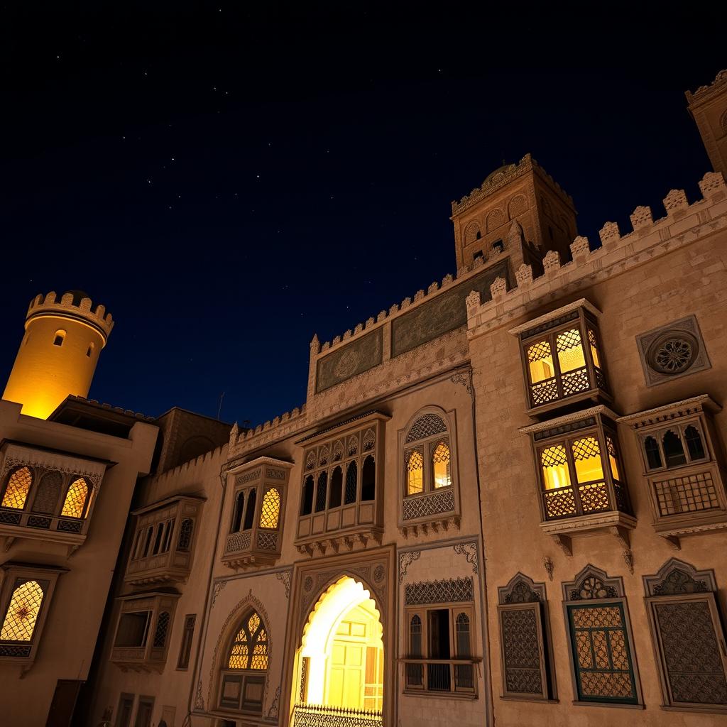 A stunning view of Old Sana'a illuminated at night, showcasing intricate traditional Yemeni architecture with beautifully designed wooden windows and ornately decorated facades