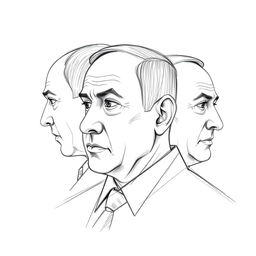 An artistic representation of Benjamin Netanyahu created using sketch technique, showcasing him from three angles: a profile view, a frontal view, and a three-quarter perspective