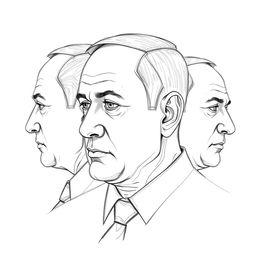 An artistic representation of Benjamin Netanyahu created using sketch technique, showcasing him from three angles: a profile view, a frontal view, and a three-quarter perspective