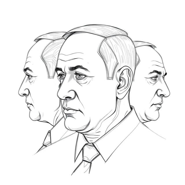 An artistic representation of Benjamin Netanyahu created using sketch technique, showcasing him from three angles: a profile view, a frontal view, and a three-quarter perspective