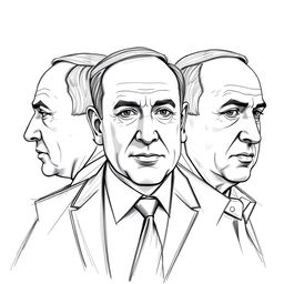 An artistic representation of Benjamin Netanyahu created using sketch technique, showcasing him from three angles: a profile view, a frontal view, and a three-quarter perspective