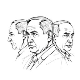 An artistic representation of Benjamin Netanyahu created using sketch technique, showcasing him from three angles: a profile view, a frontal view, and a three-quarter perspective