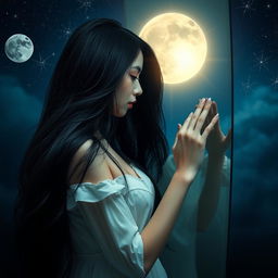 A captivating scene depicting a woman with long, flowing black hair wearing a delicate white dress