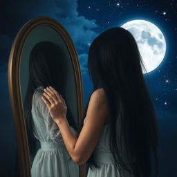 A captivating scene depicting a woman with long, flowing black hair wearing a delicate white dress